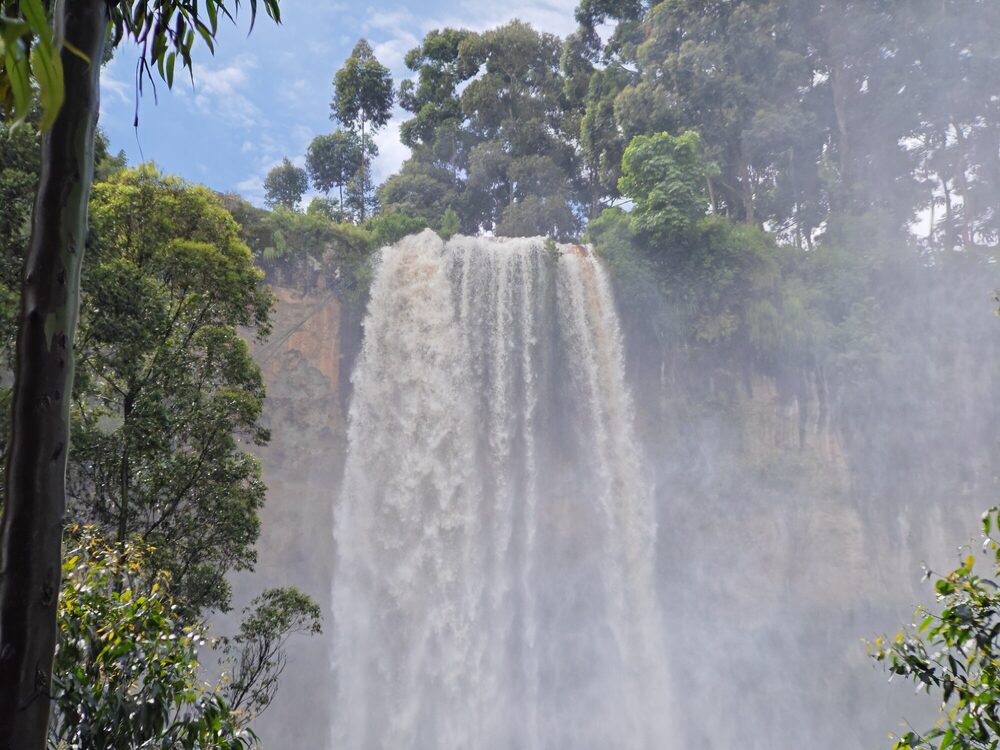 Sipi Falls in spray on the slopes of Mount Elgon, eastern Uganda